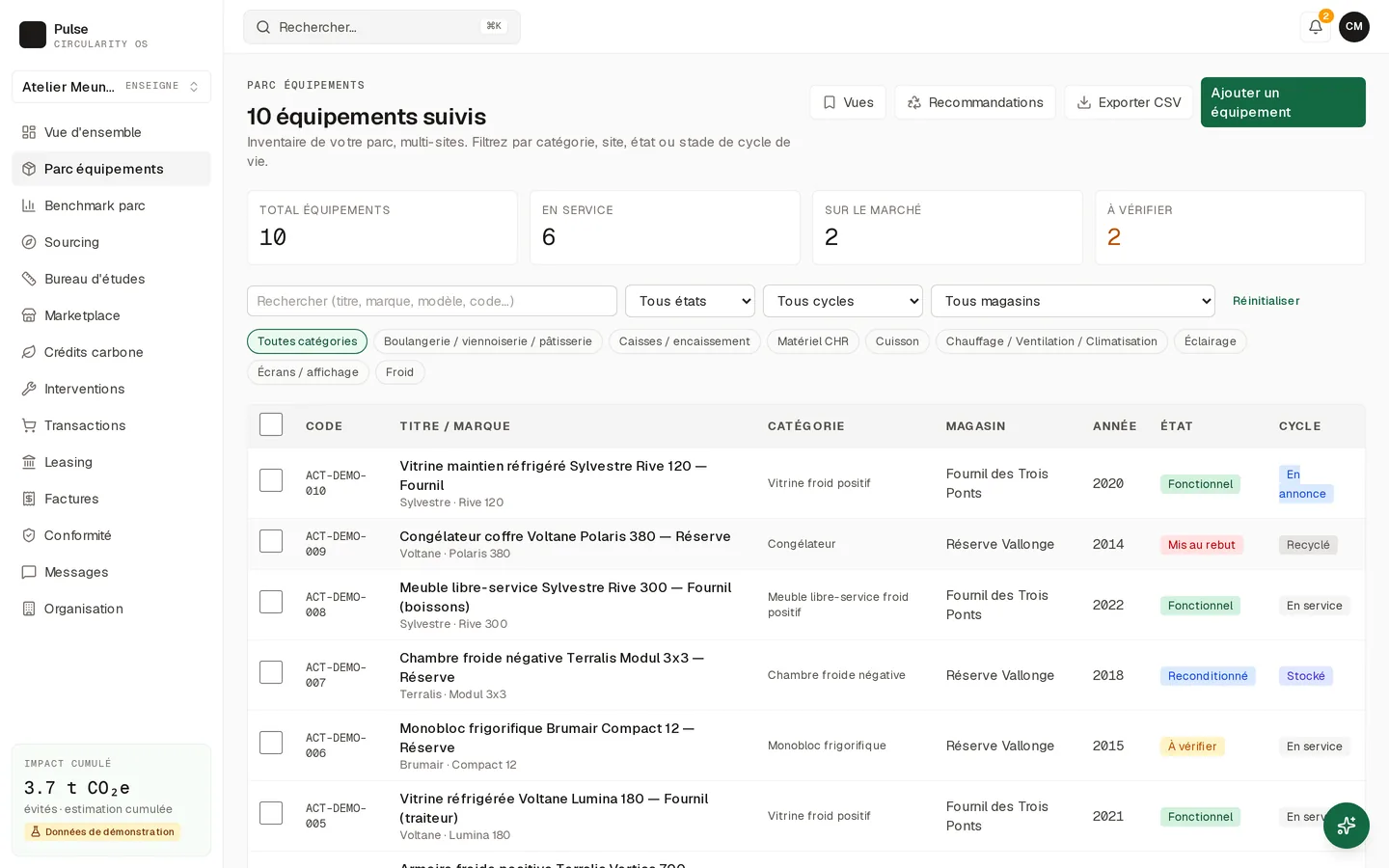 Inventaire multi-sites des équipements dans PULSE Solutions